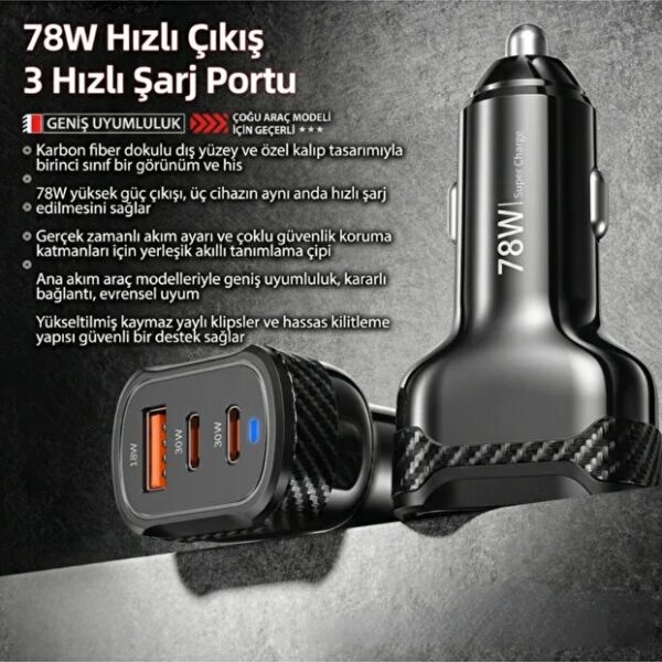 78W Hızlı şarj Destekli 2x Type-C 1x USB Girişli Araç Çakmaklık Hızlı Şarj Aleti 3A